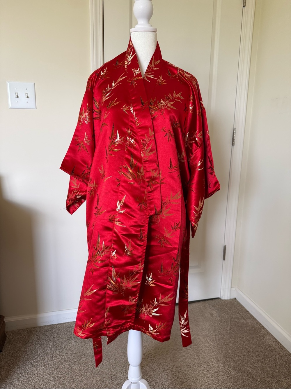 Red Satin Floral Kimono Robe